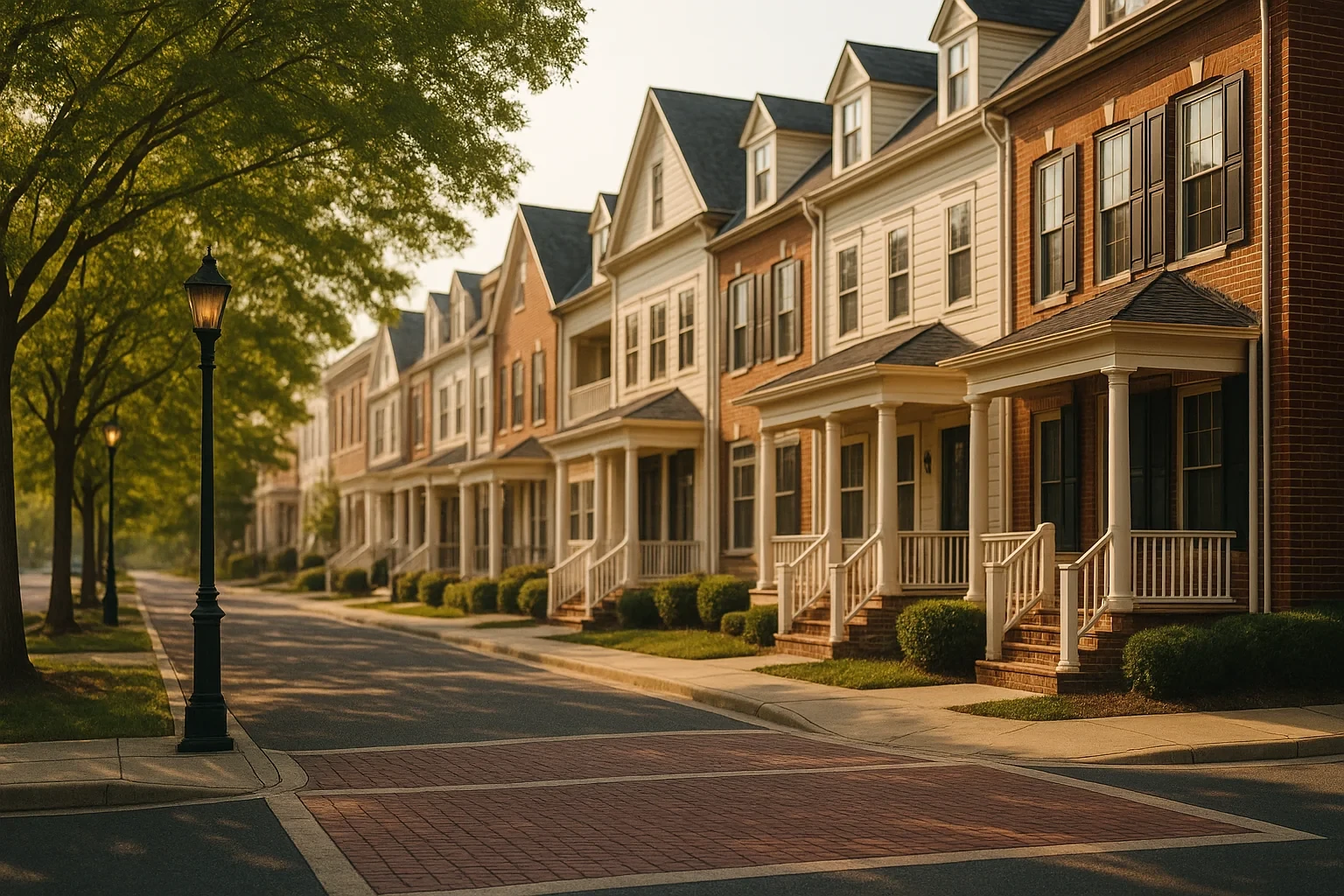 Row of brick and white townhomes with front porches along a tree-lined street in Brambleton at golden hour
