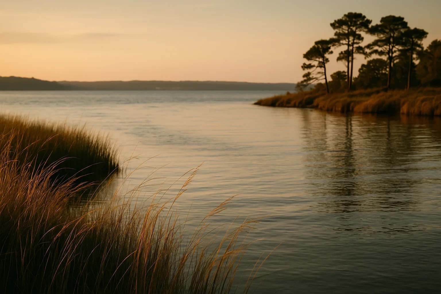 Golden marsh grasses and pine trees frame a calm waterway at sunset near Marumsco, Virginia.