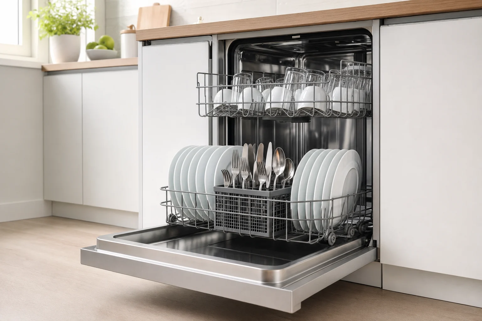 Open stainless steel dishwasher with clean dishes, glasses, and cutlery neatly arranged in a modern white kitchen