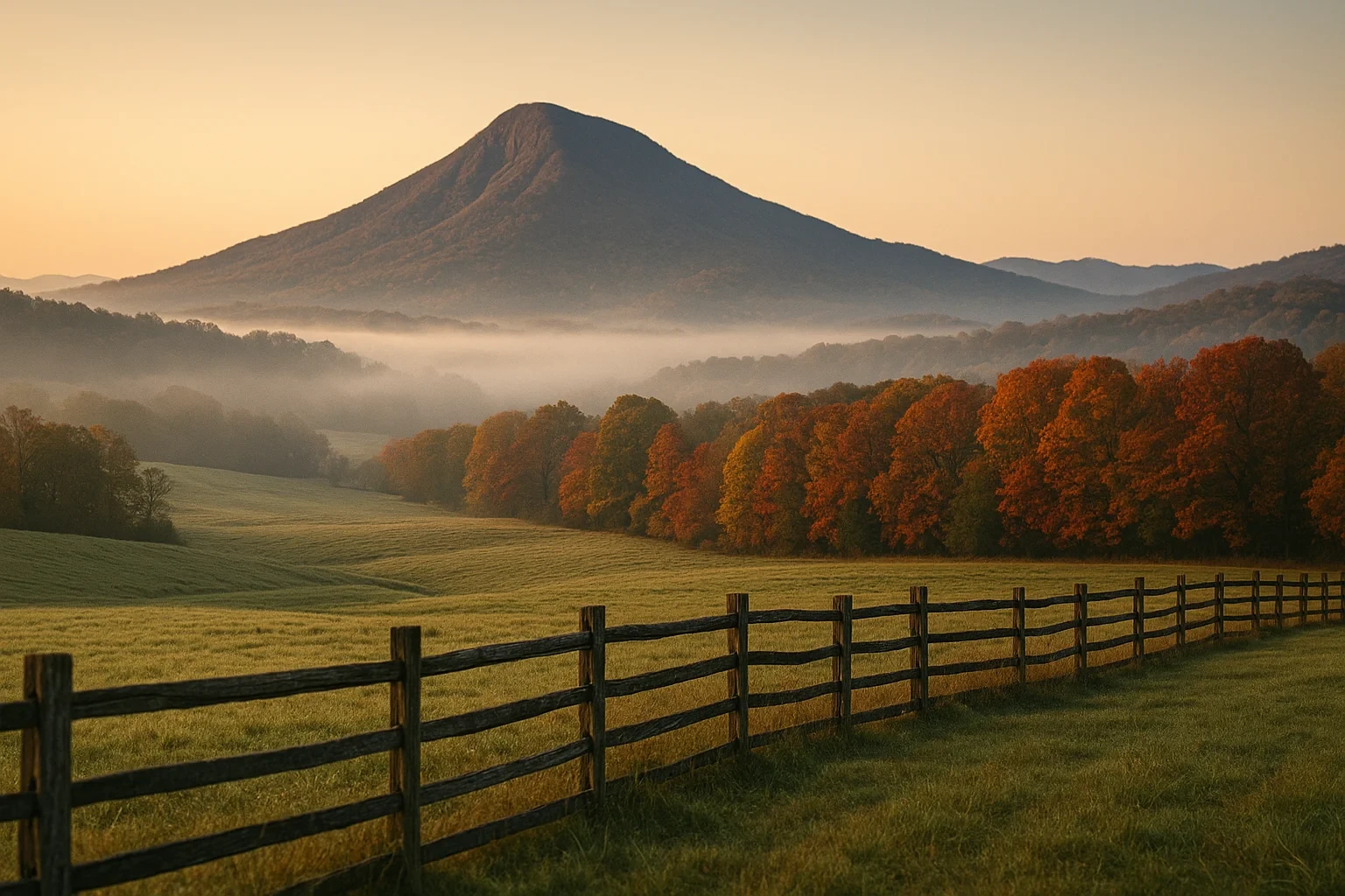 Misty autumn morning in Cloverdale with a wooden split-rail fence, fall foliage, and a mountain peak at sunrise