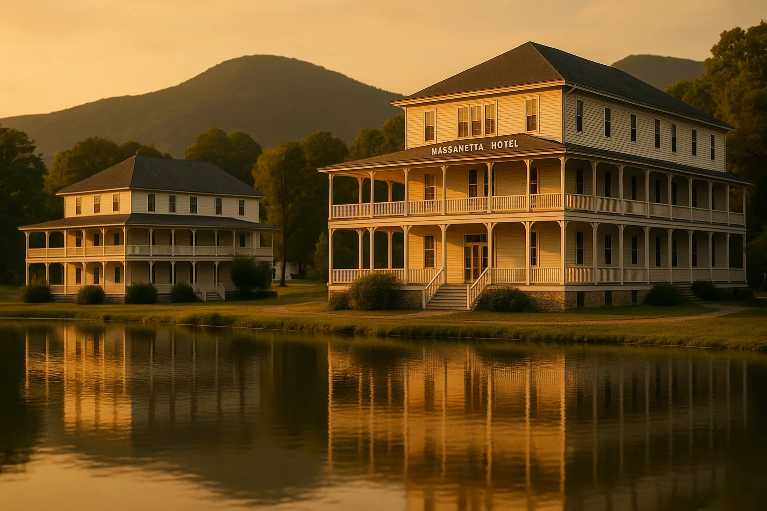 Historic Massanetta Hotel with wraparound porches reflected in a lake at golden hour in Massanetta Springs