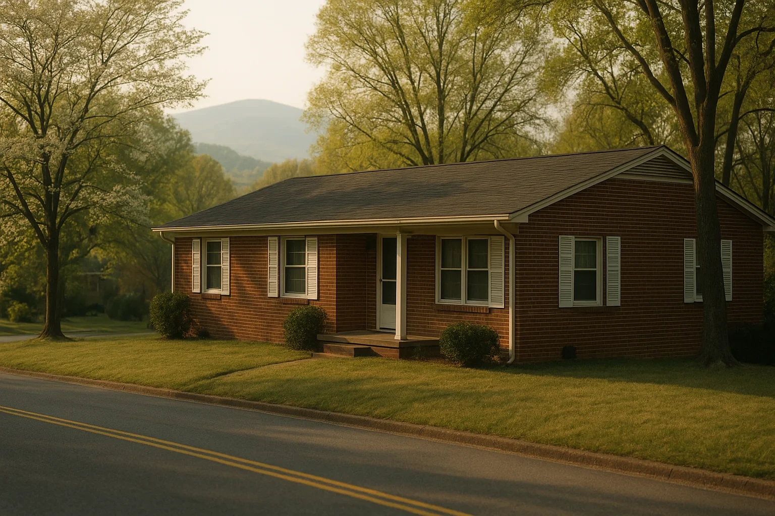 Brick ranch home with white shutters and front porch on a quiet tree-lined street in Madison Heights at golden hour