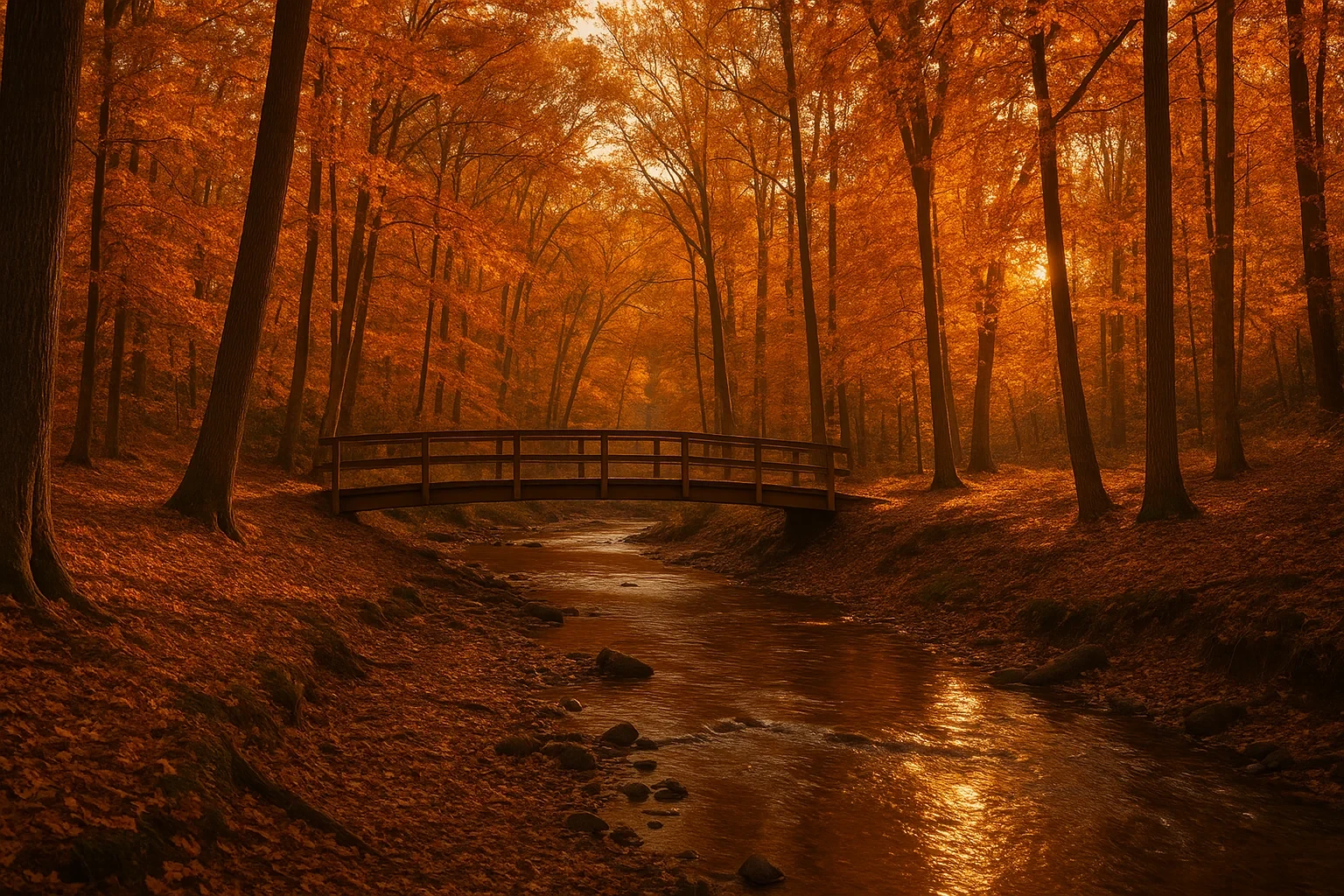 Wooden footbridge over a tranquil stream in an autumn forest at sunset near Crosspointe