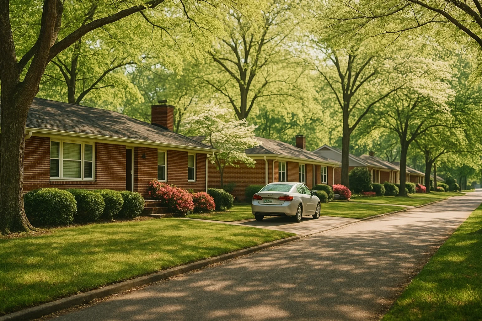 Tree-lined residential street with brick ranch homes and blooming azaleas in a Colonial Heights neighborhood