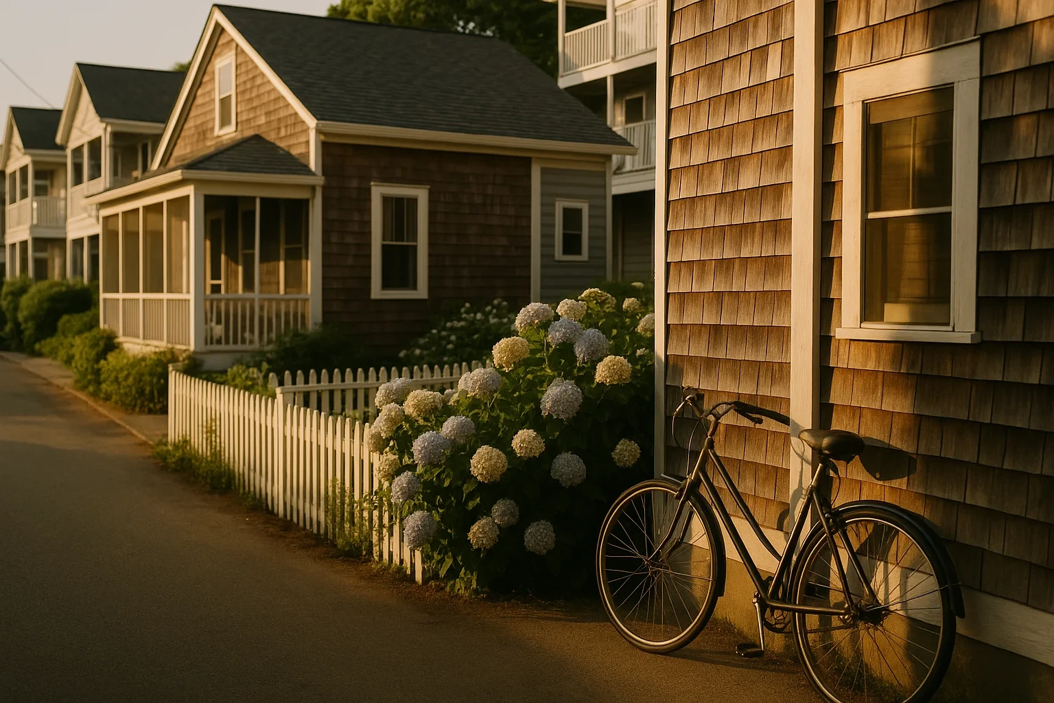 Cedar-shingled coastal cottages with white picket fence, hydrangeas, and a bicycle along a Milford street.