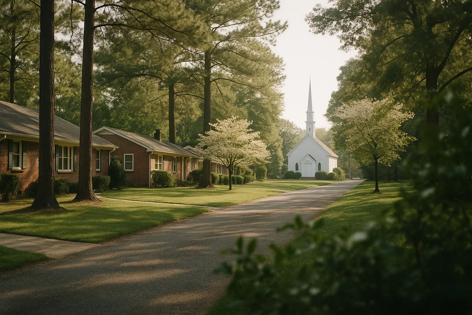 Quiet tree-lined street in Enon with brick ranch homes and a white steepled church in the distance.