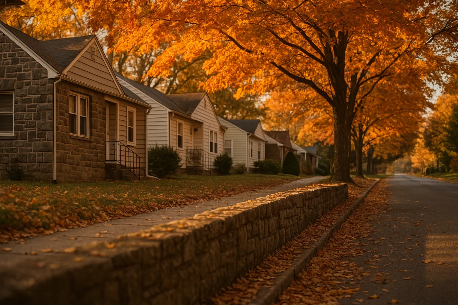 Tree-lined residential street in Blacksburg with autumn foliage, stone wall, and modest single-story homes.