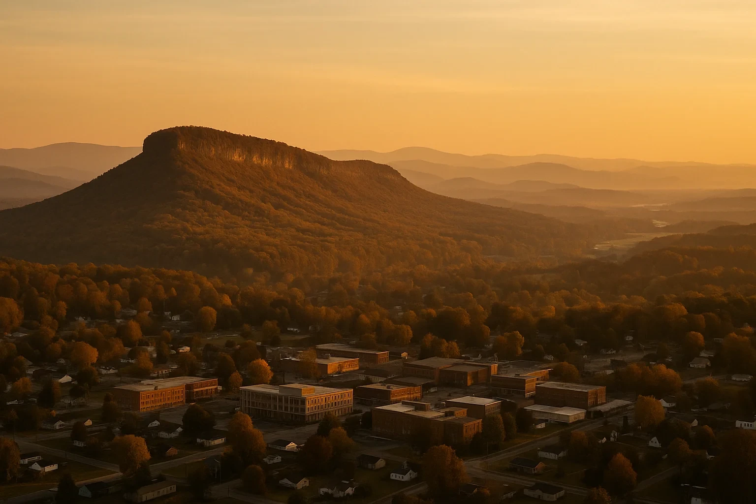 Golden sunset over Rockwood skyline with a flat-topped mountain rising above the small town and rolling hills