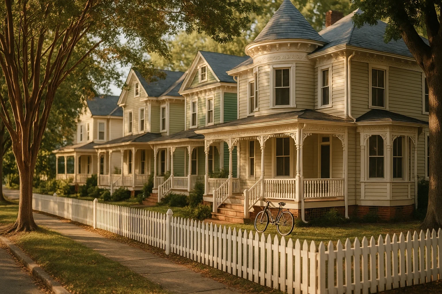 Charming Victorian homes with wraparound porches and white picket fences line a tree-shaded street in Ashland