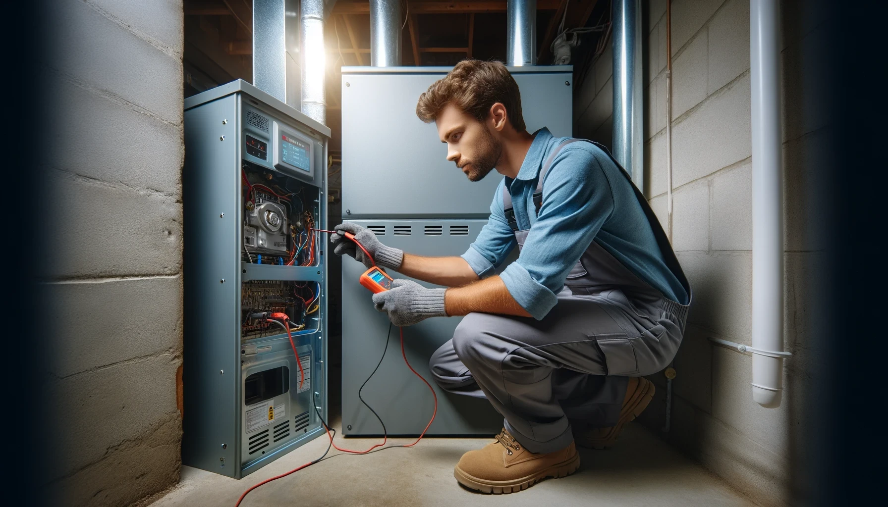 Homeowner checking his furnace and wanting to know what to ask when shopping for a new furnace to maintain a warm home in winter