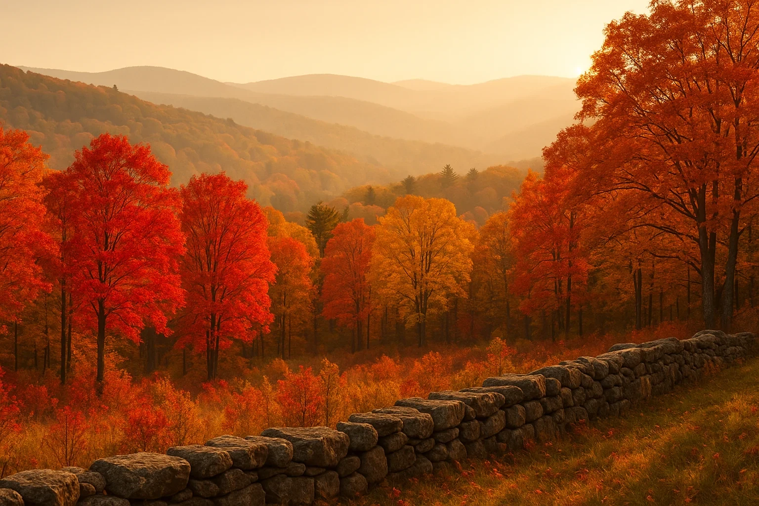 Vibrant autumn foliage and stone wall overlooking misty rolling hills at sunset near Heritage Village