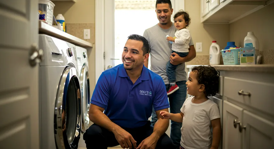 Sears Technician showing a family how to keep their washer from breaking down