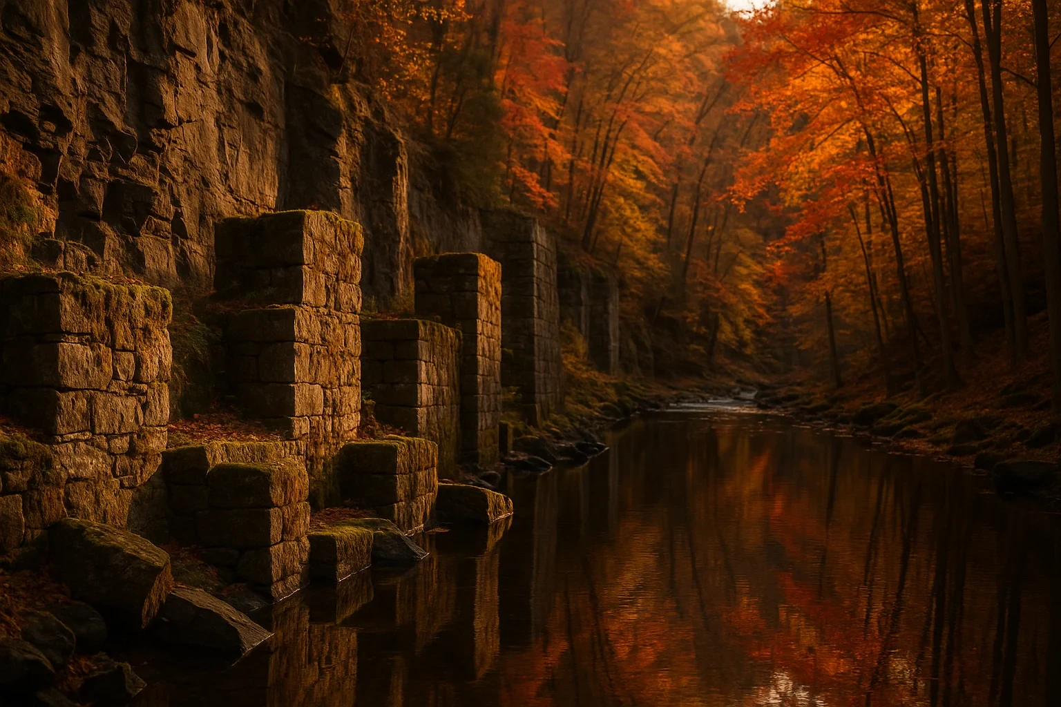 Autumn foliage and stone ruins reflected in a calm river along a wooded gorge near Hazardville.
