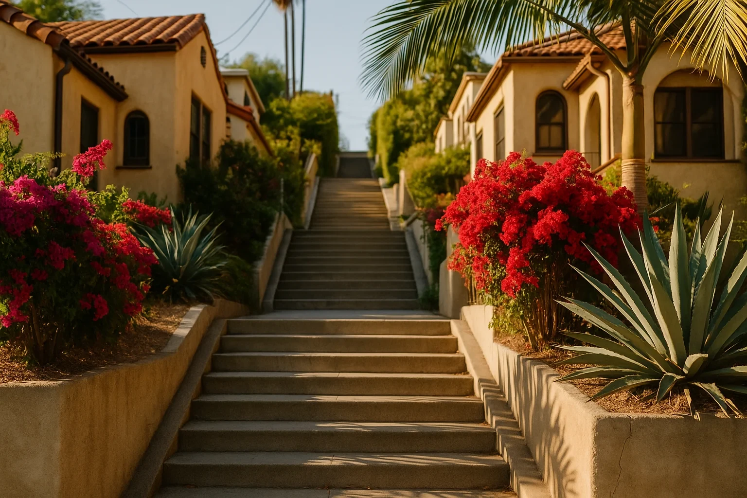 Sunlit concrete staircase between Spanish-style homes with bougainvillea and agave plants in Los Angeles