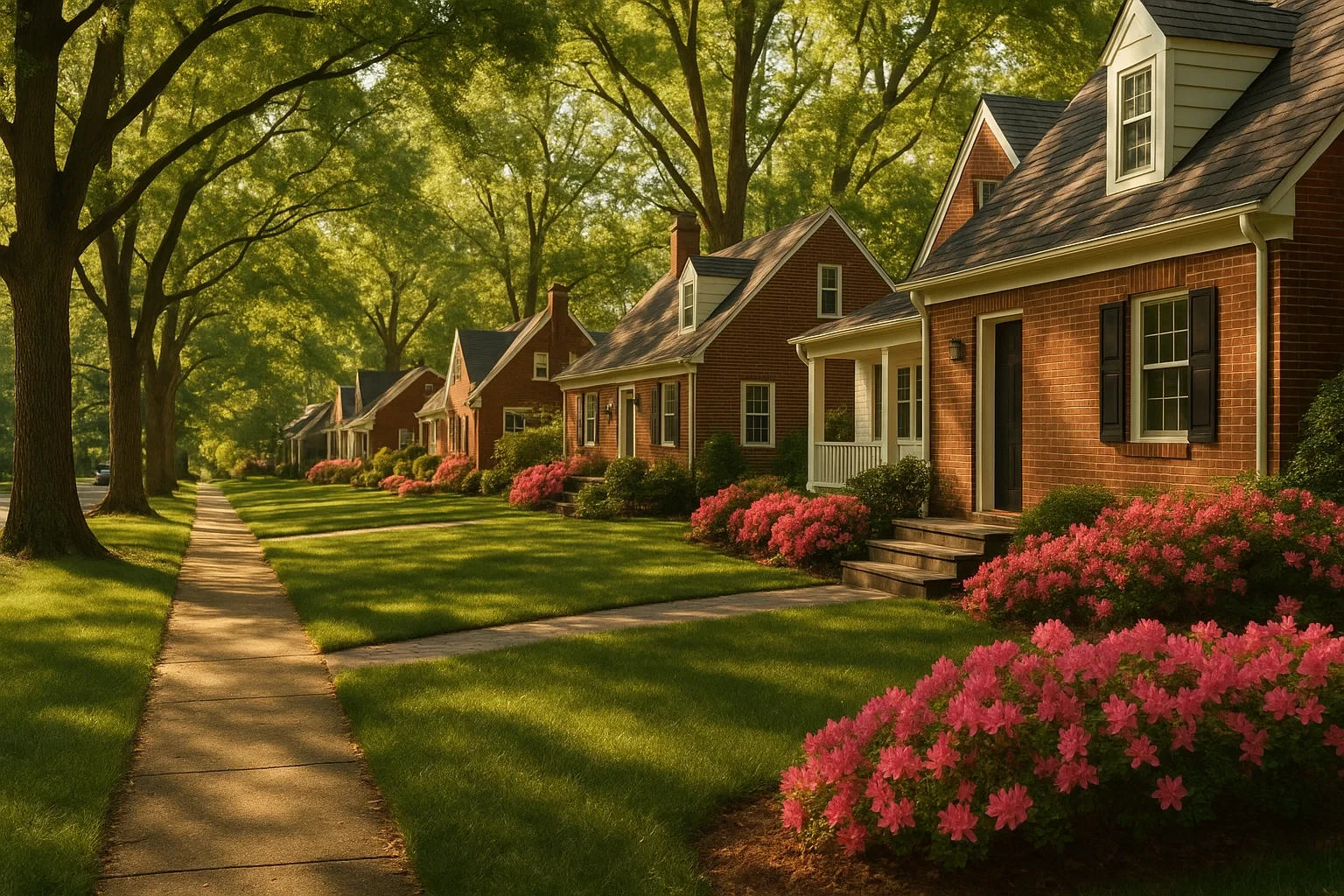 Tree-lined sidewalk along charming brick homes with blooming pink azaleas in a Falls Church neighborhood