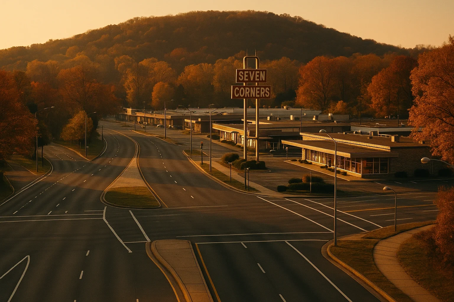 Sunset view of empty intersection and shopping center sign with autumn hillside backdrop in Seven Corners