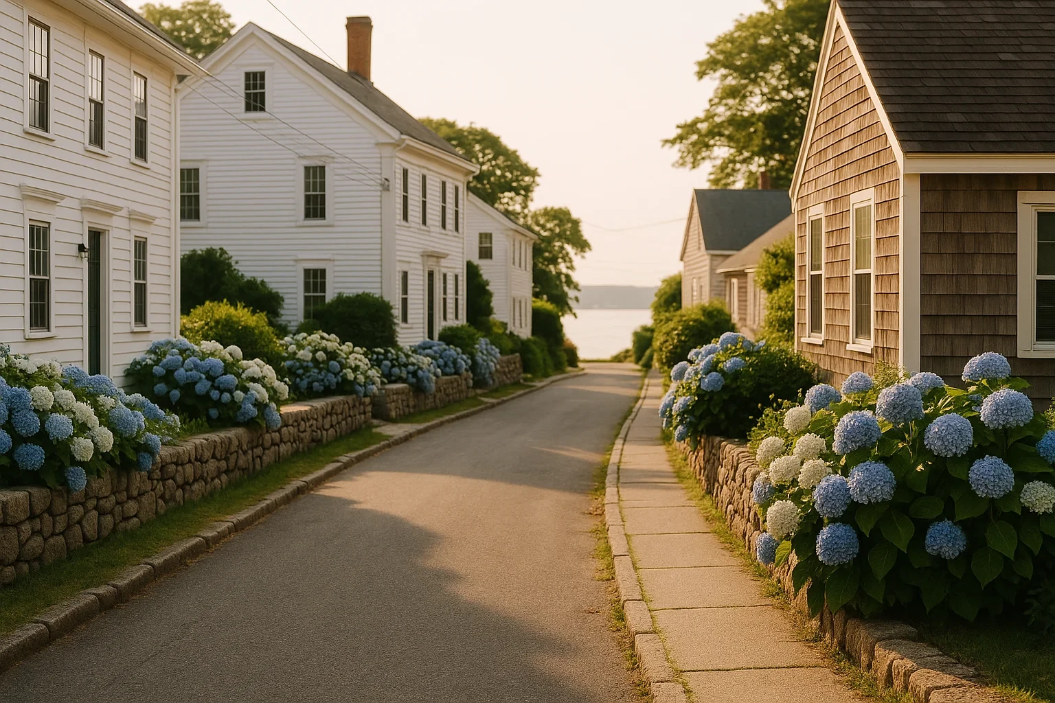Coastal Mystic street lined with white clapboard homes, stone walls, and blue hydrangeas leading to the water