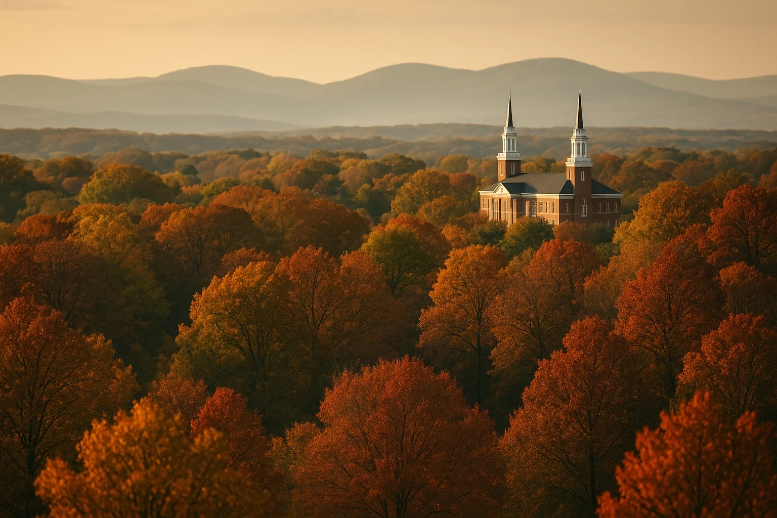Autumn foliage and rolling mountains surround a brick building with twin steeples near Greenbriar at sunset