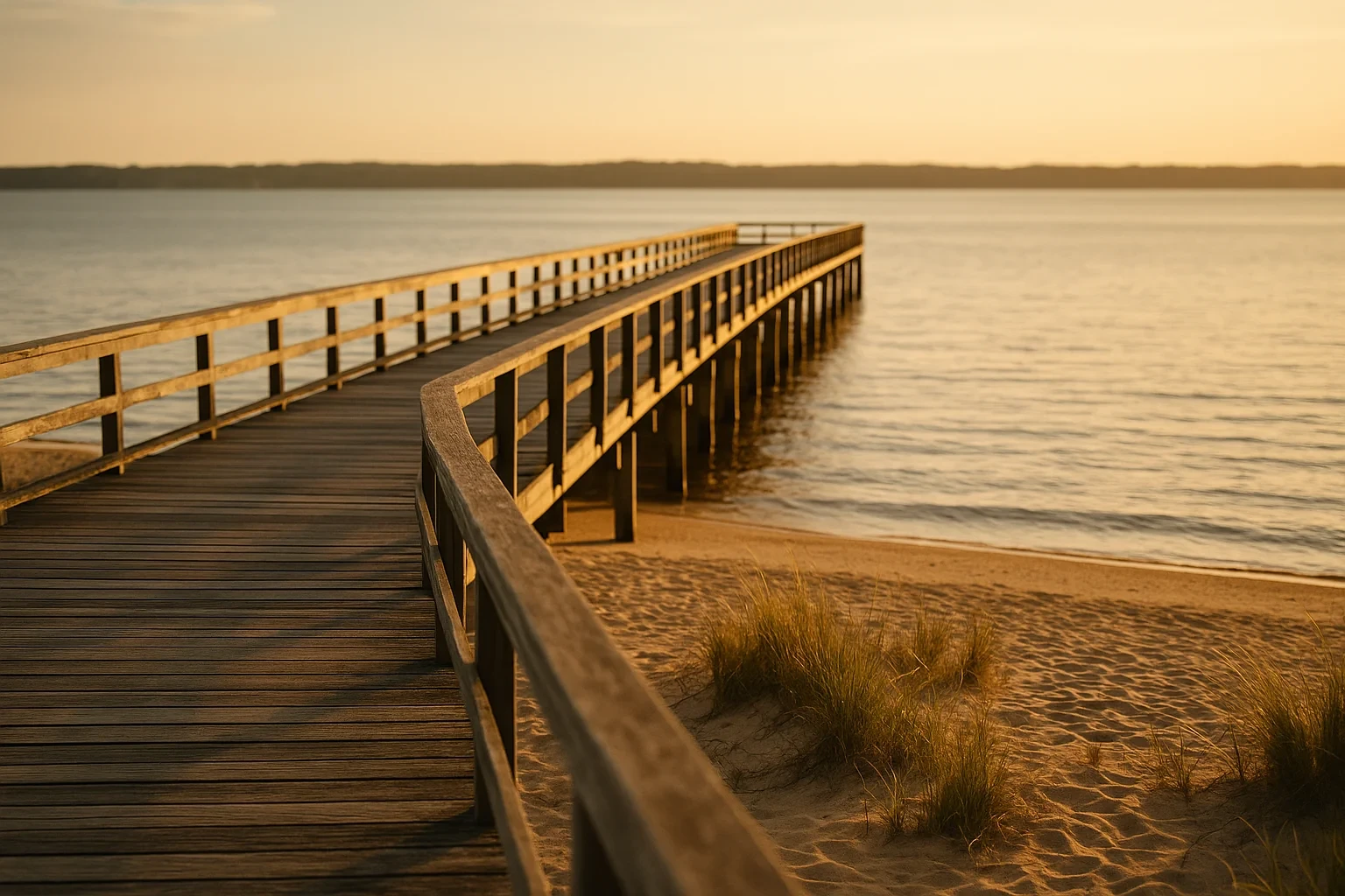 Wooden pier with railings extending over calm water at sunset along a sandy beach in Colonial Beach