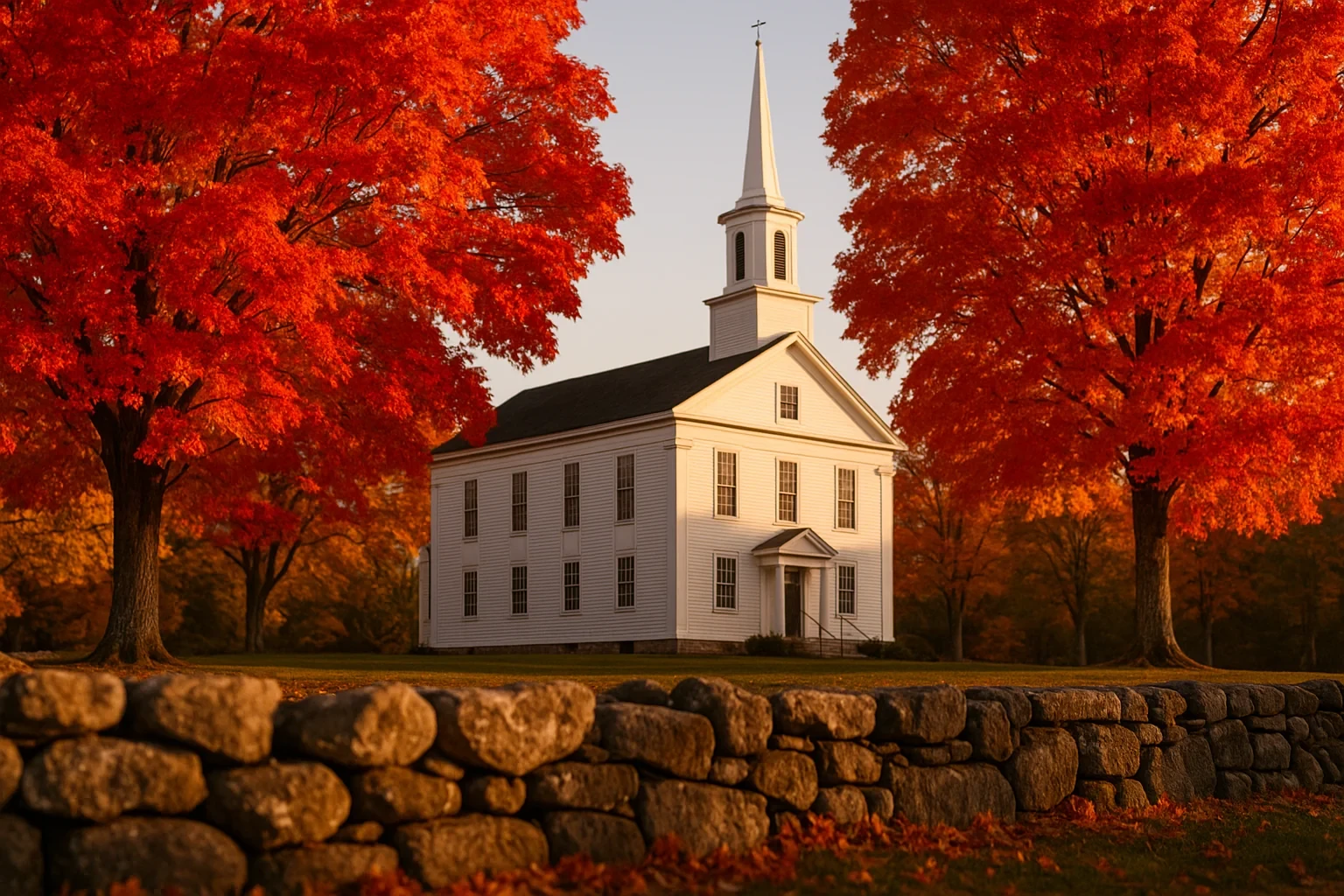 Historic white steepled church framed by vibrant red maple trees and a stone wall in Long Hill