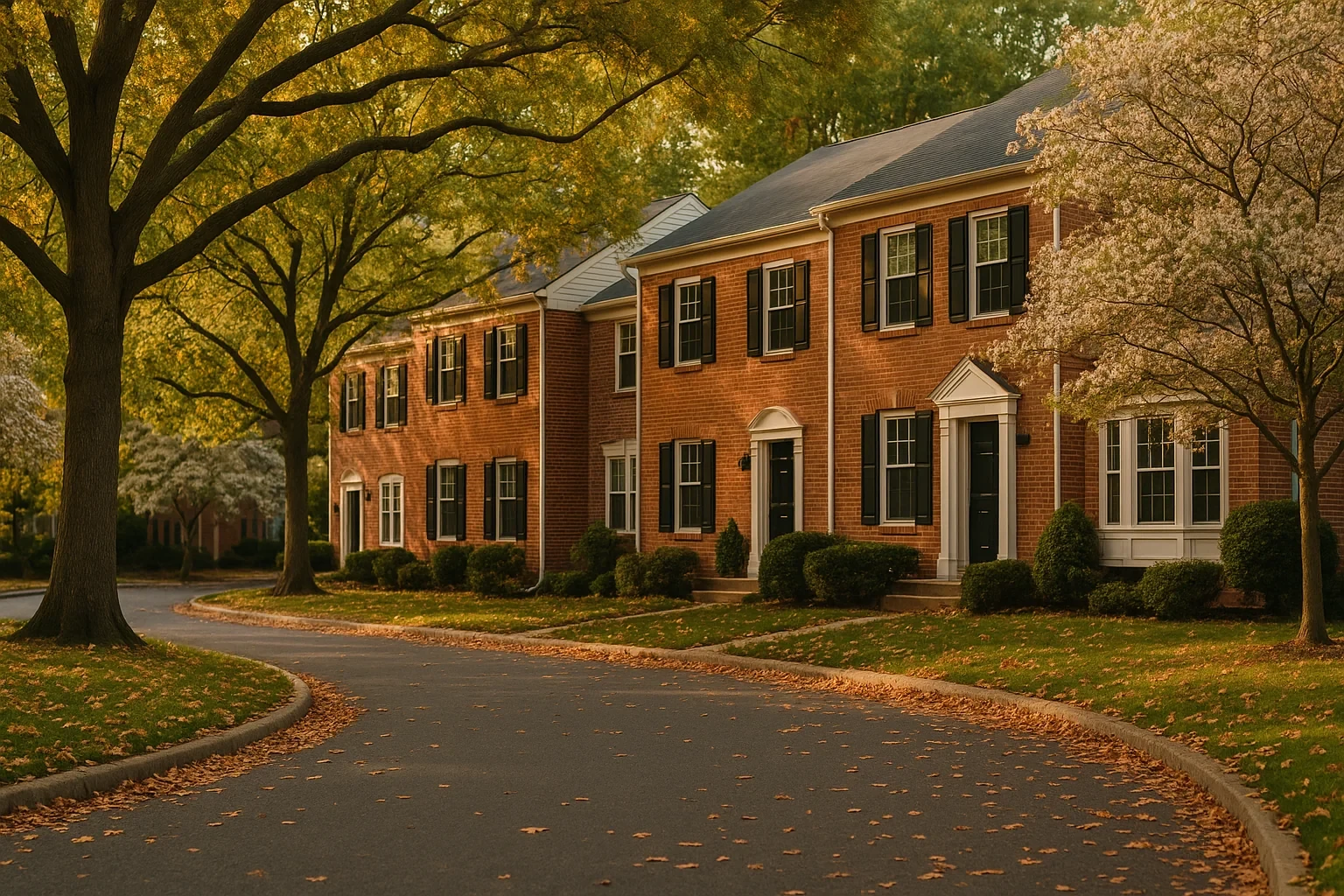 Tree-lined street with brick colonial homes and black shutters in a quiet Woodbridge neighborhood at golden hour