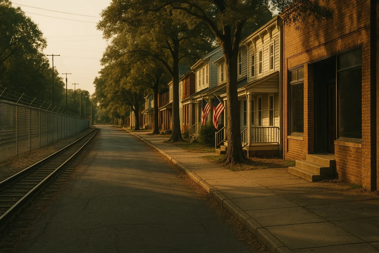 Quiet Quantico Base street at golden hour with row houses, American flags, sidewalk, and railroad tracks alongside