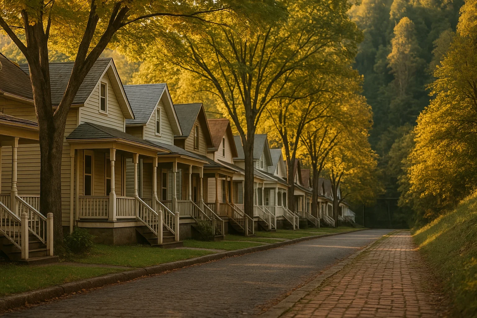 Row of small wood-frame homes with porches along a tree-lined street at golden hour in Norton
