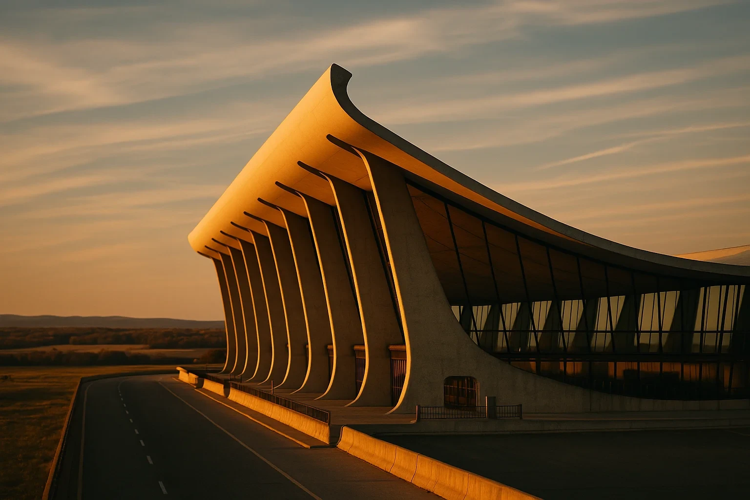 Sweeping curved roof and glass facade of Dulles airport terminal at golden hour with open countryside