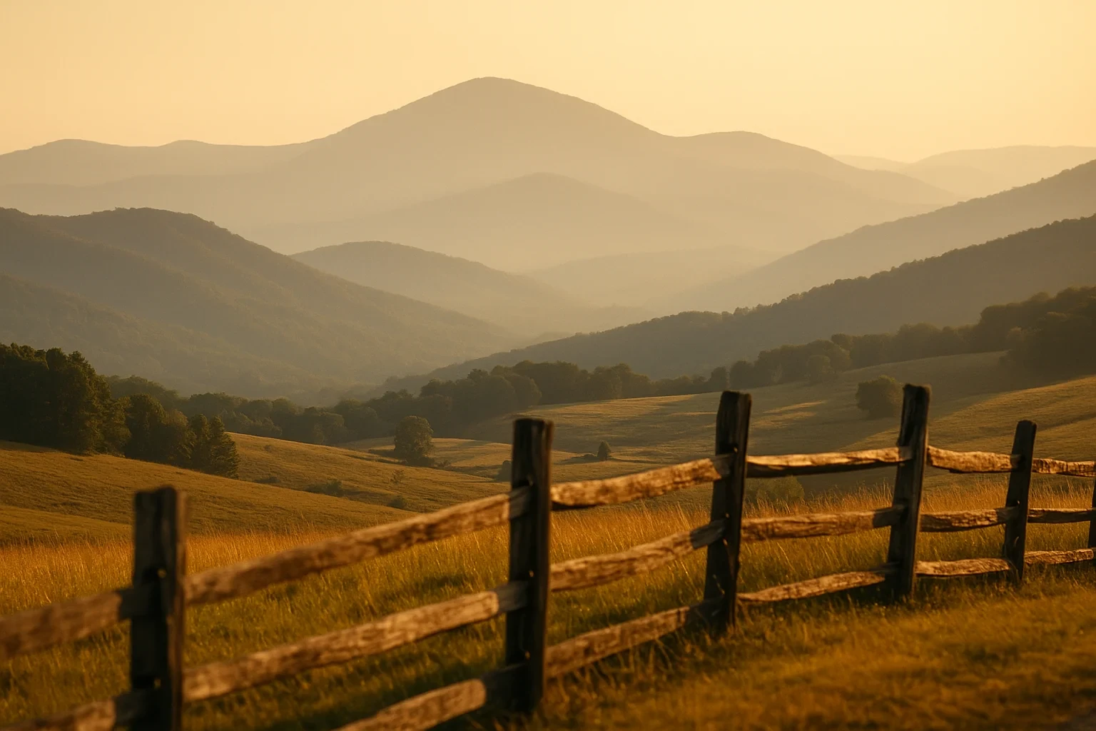 Rolling misty mountains and wooden split-rail fence at golden hour overlooking valleys near Woodlawn