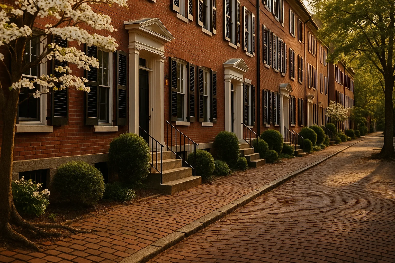 Historic brick row houses with black shutters and white columned entryways line a cobblestone street in Lexington