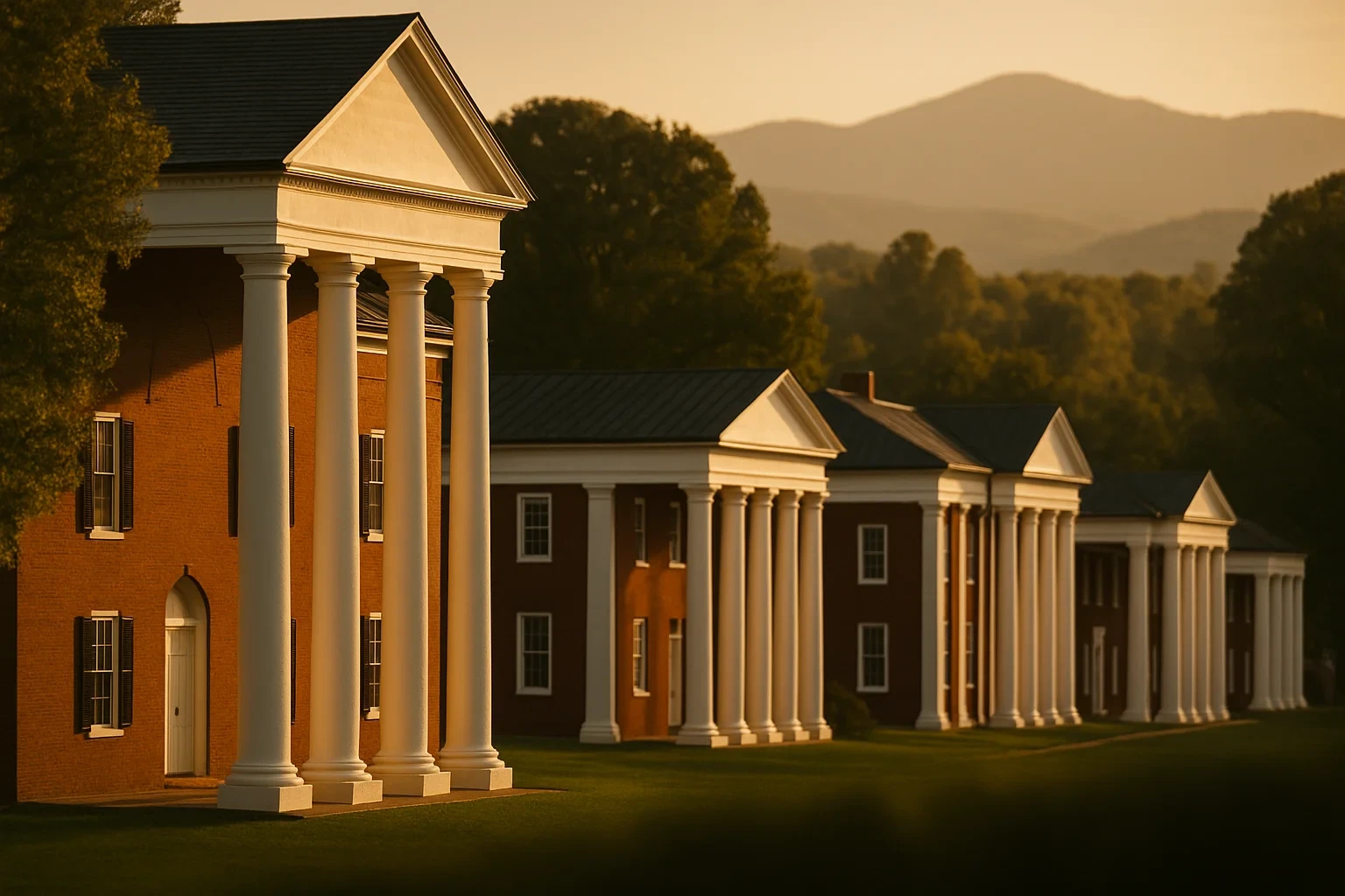 Stately brick buildings with white columns and pediments at golden hour, mountains in the Lexington distance