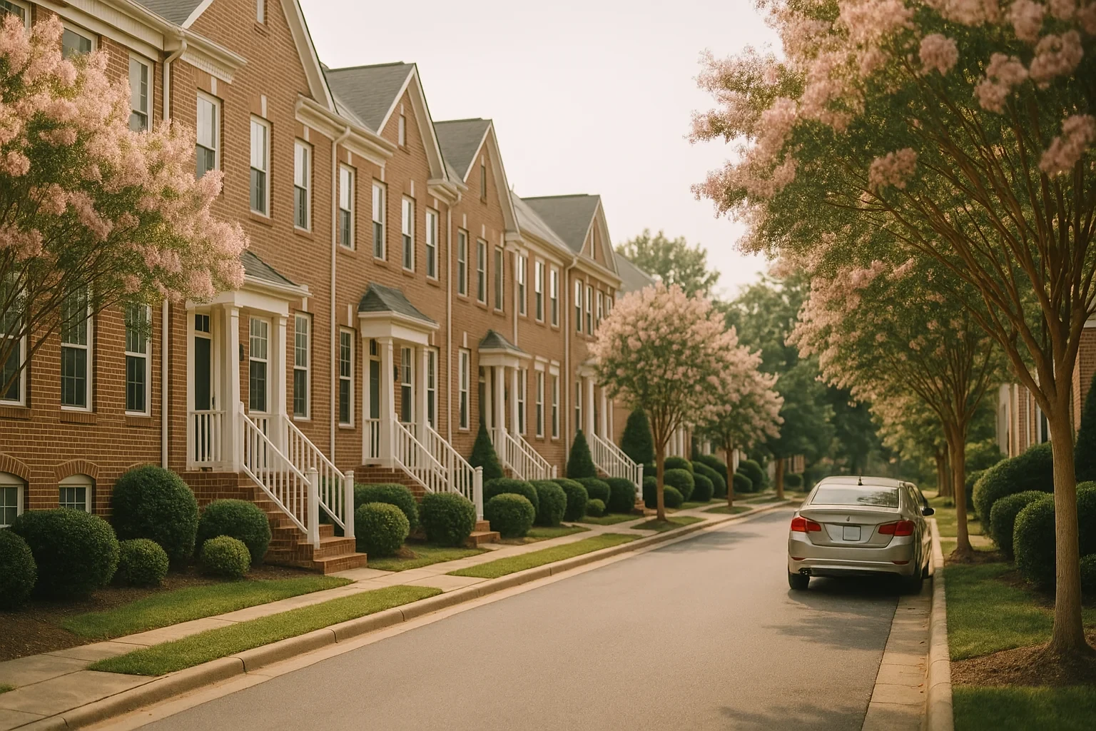 Brick townhomes line a quiet Laurel Hill street with blooming crape myrtle trees and a parked sedan curbside.