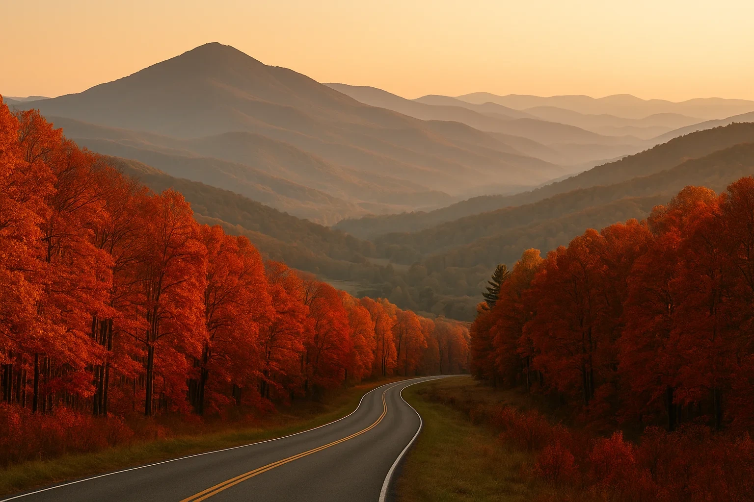 Winding road through fiery autumn foliage and misty mountain ranges at sunset near Marion