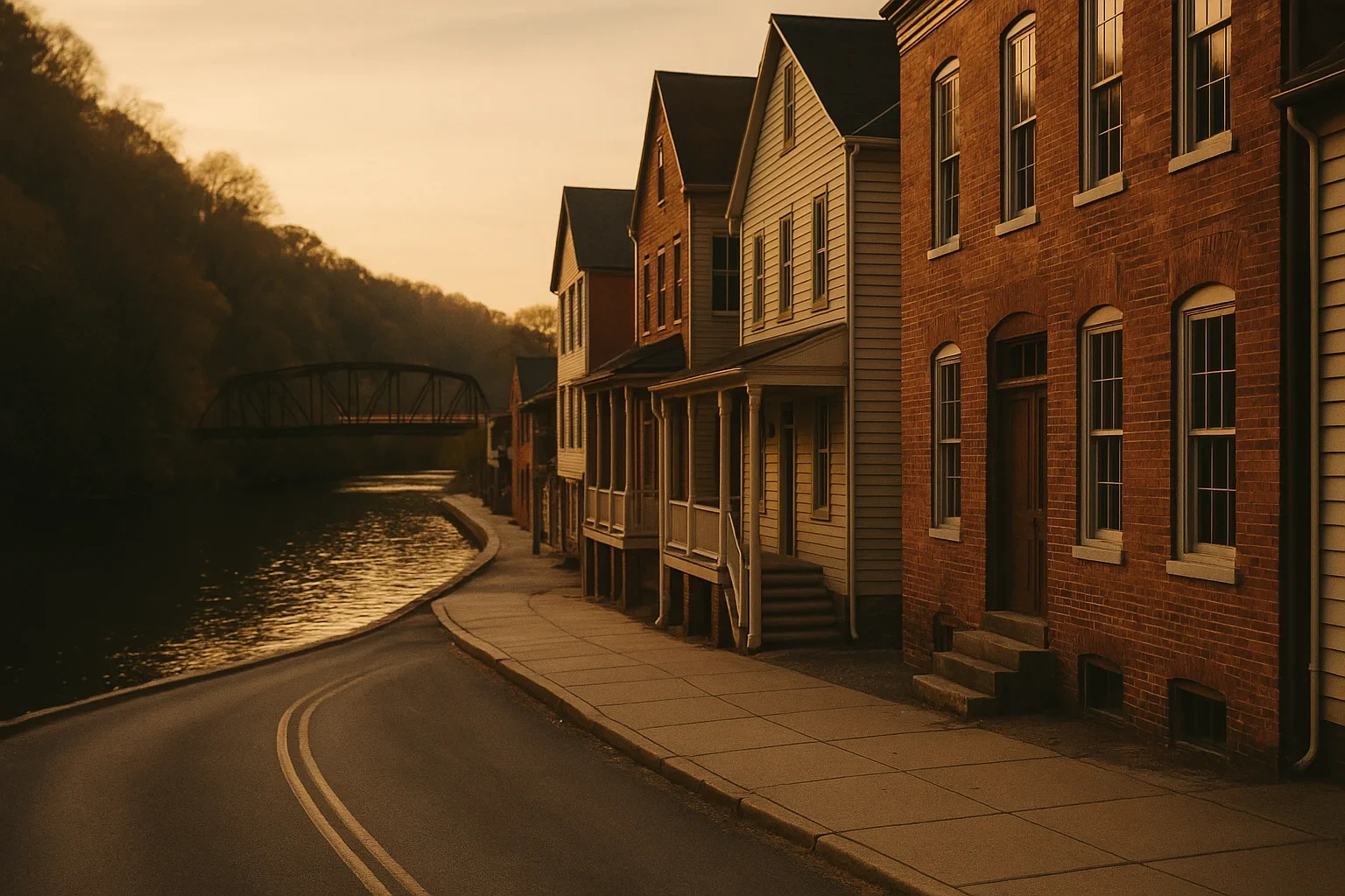 Riverside street in County Center at sunset with brick row houses, wooden porches, and a steel truss bridge.