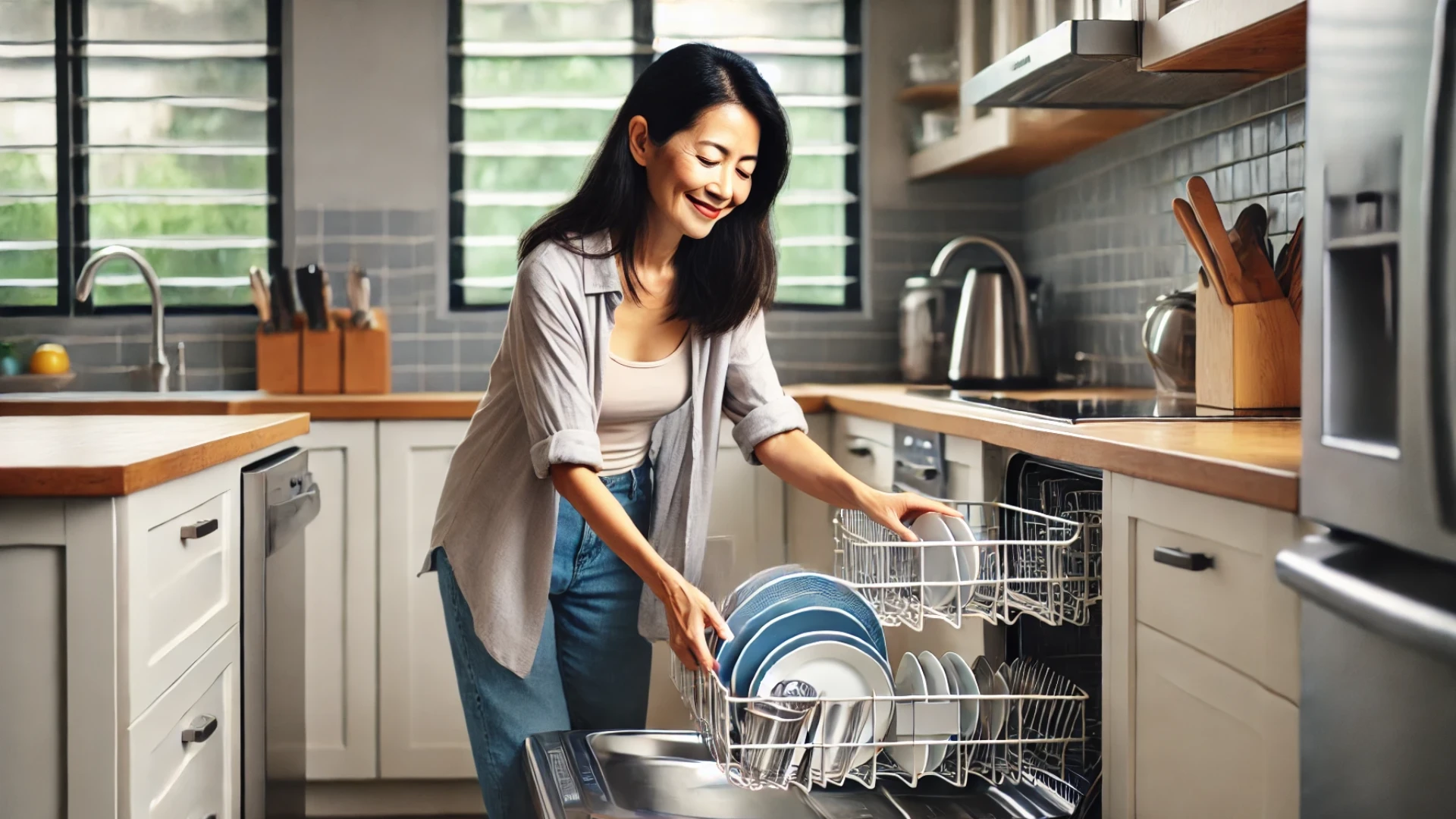 A homeowner loads dishes into her clean dishwasher.
