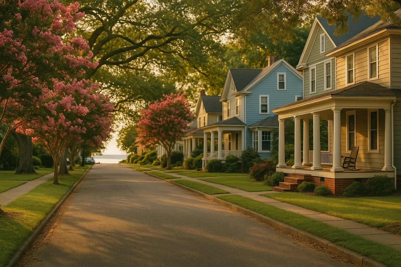 Tree-lined Hampton street with pastel Victorian homes, blooming crepe myrtles, and water view at sunset