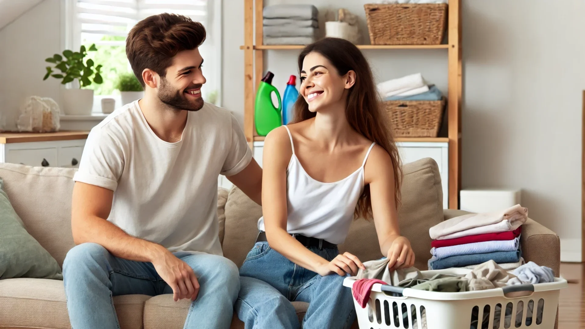 A husband and wife fold laundry together as they relax on their couch.