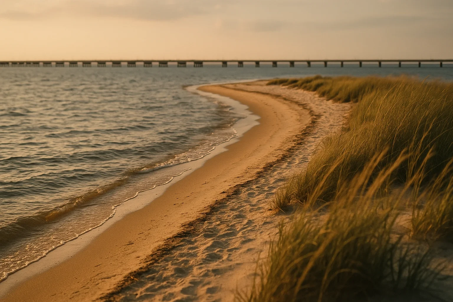 Sandy shoreline with dune grass and a long bridge stretching across calm water at sunset in North Shore