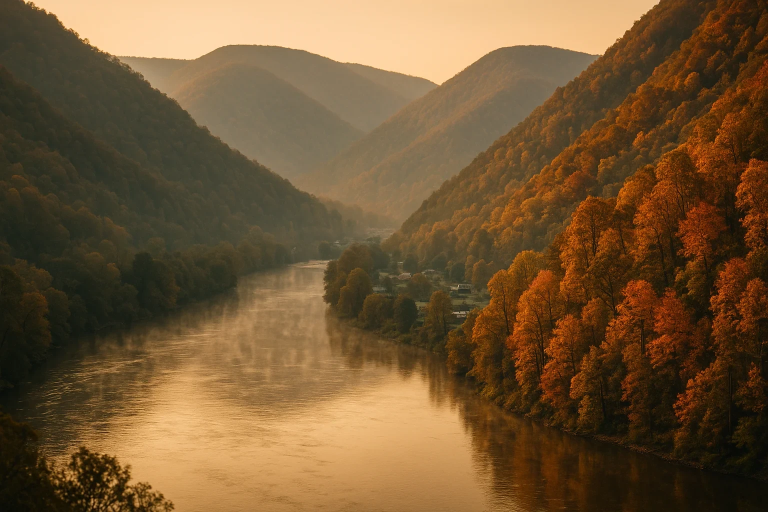Misty river winding through autumn forested mountains at sunrise near a small Big Stone Gap valley community