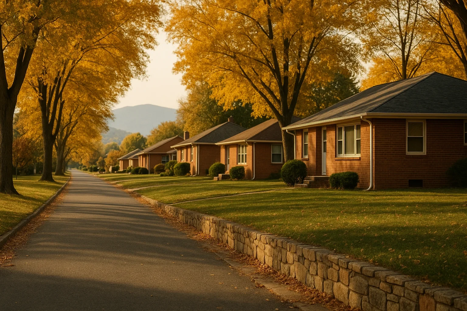 Tree-lined street with brick homes and autumn foliage in a quiet Verona neighborhood at golden hour