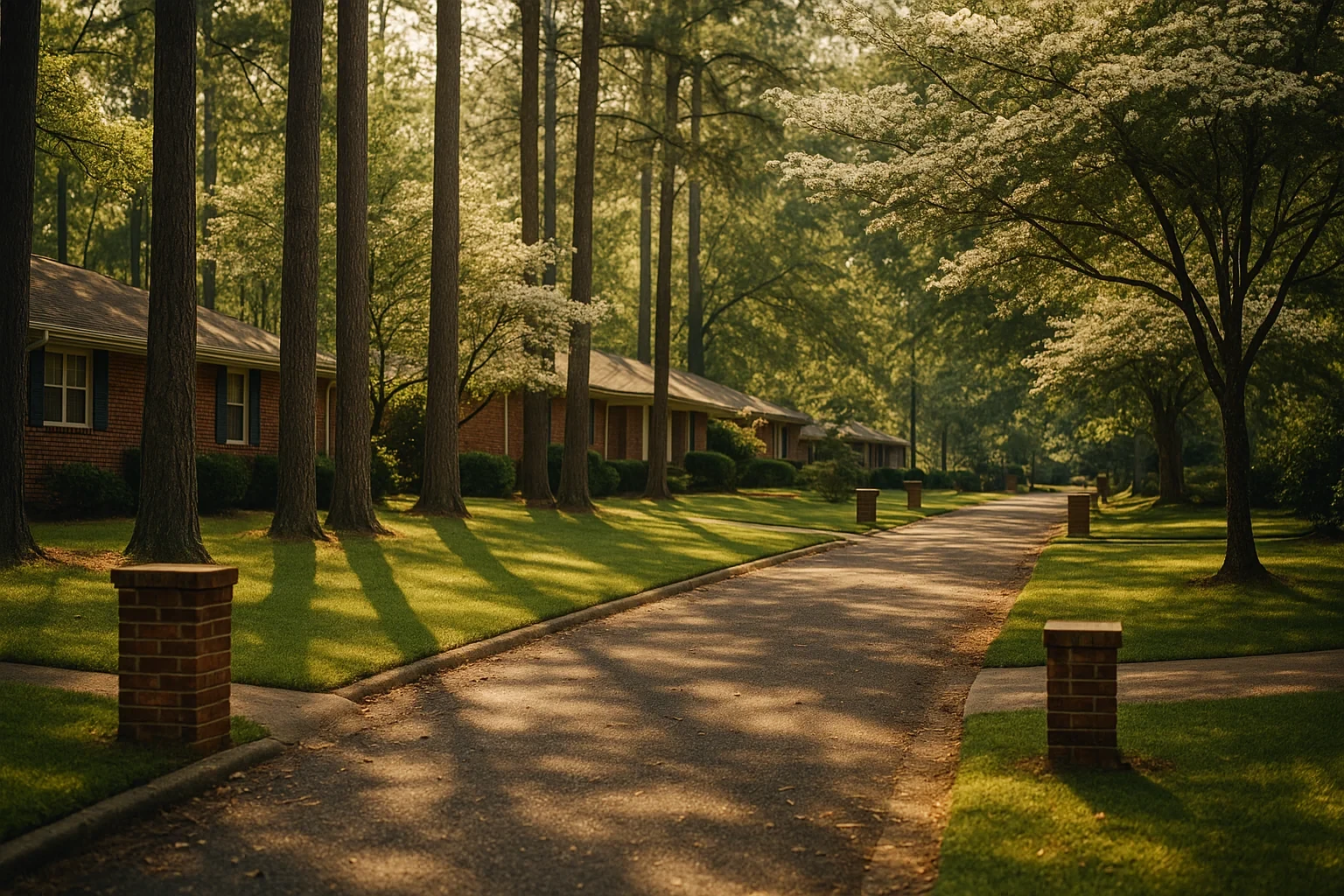 Tree-lined neighborhood street with brick homes and dogwood blossoms in a quiet Dumbarton residential area.
