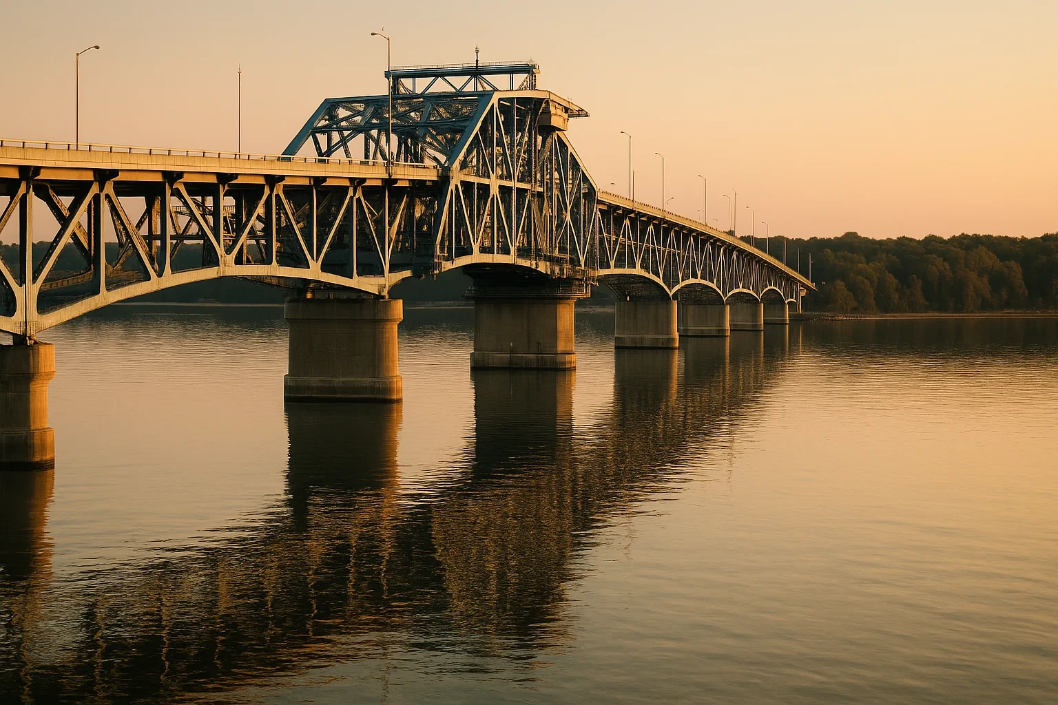 Steel truss bridge spanning calm river waters at sunset near Gloucester Point, with reflections on the surface.