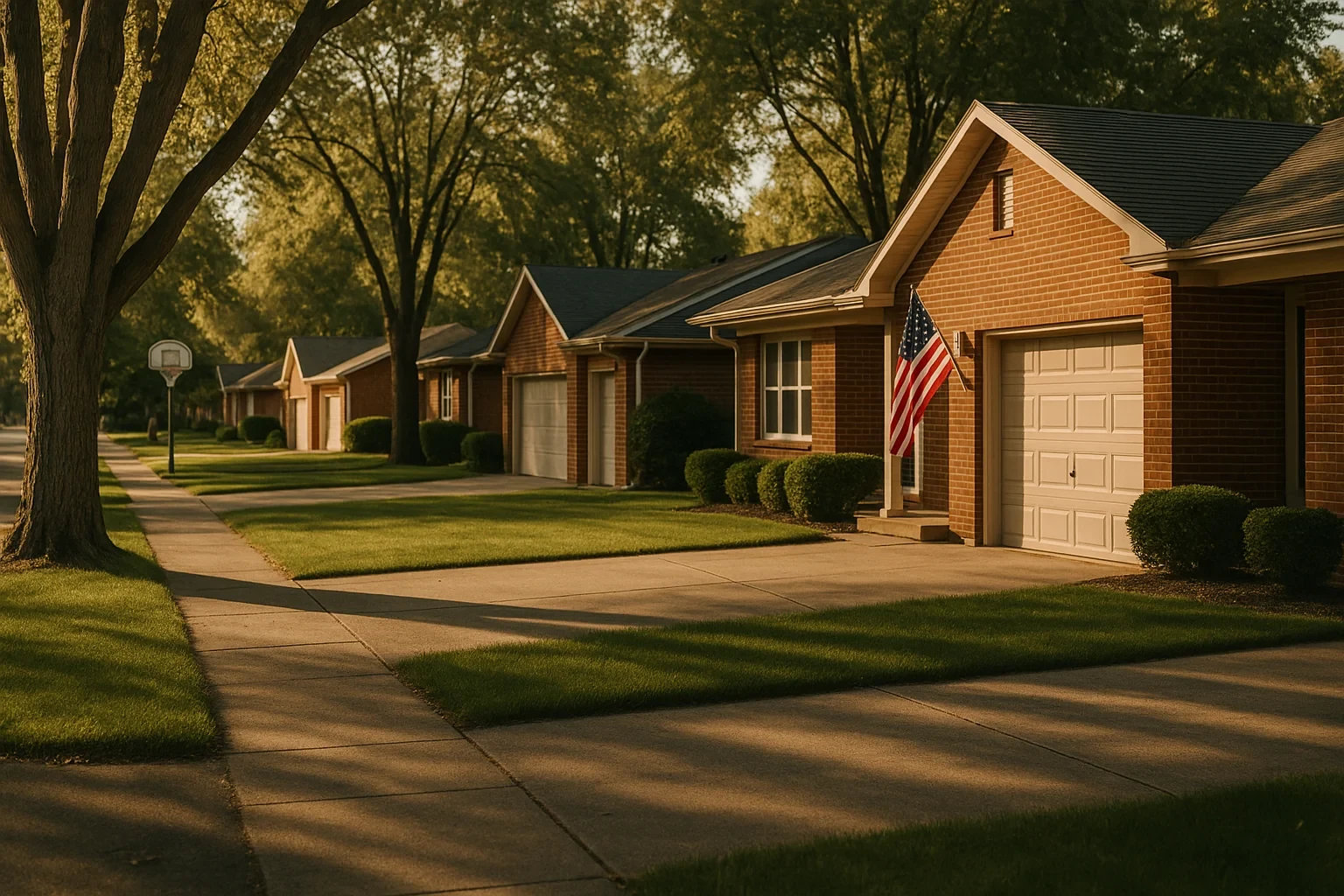 Sunlit suburban street in Sterling Heights with brick ranch homes, manicured lawns, American flag, and basketball hoop.