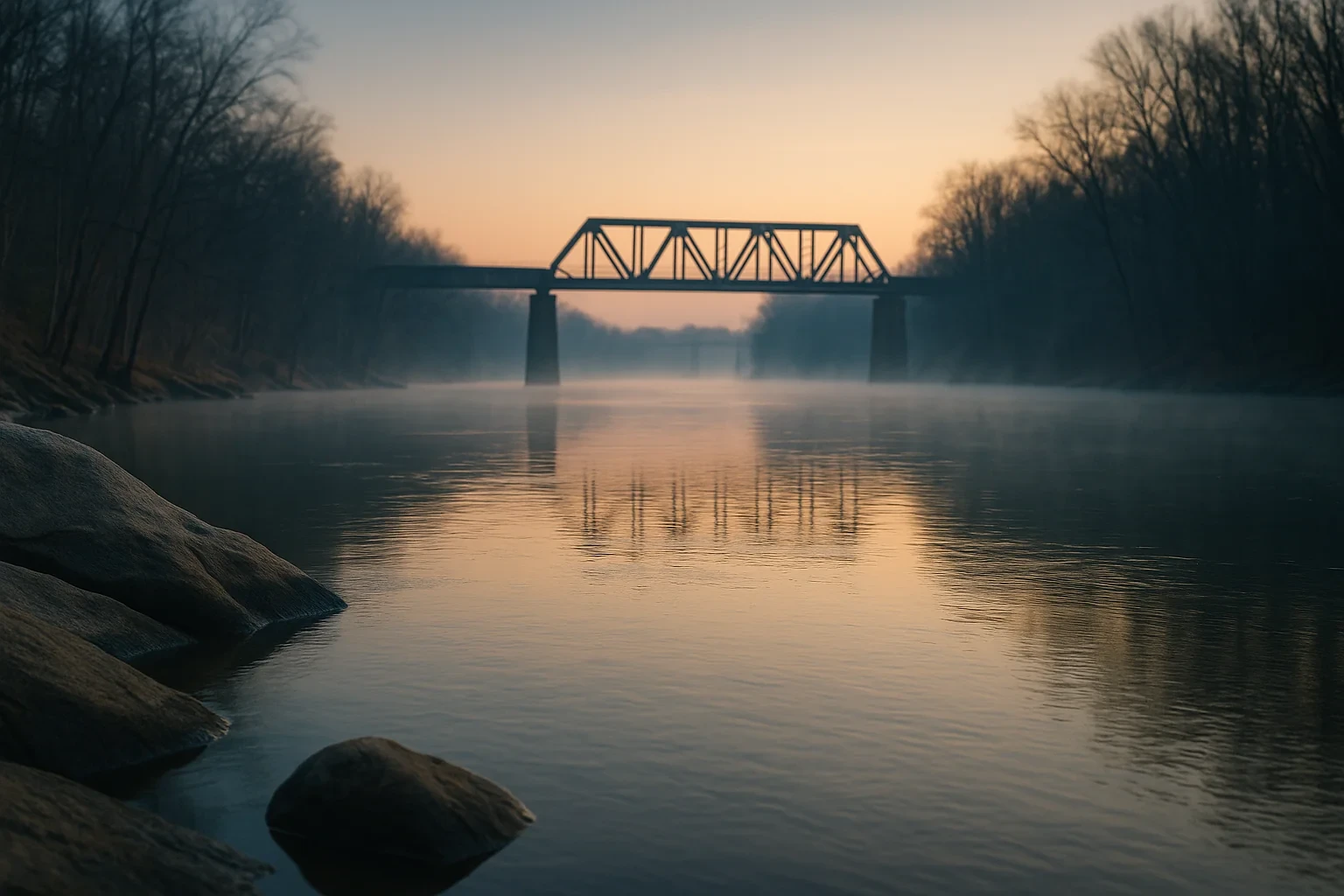 Misty river at dusk with a steel truss railroad bridge silhouetted against the sky in Ettrick