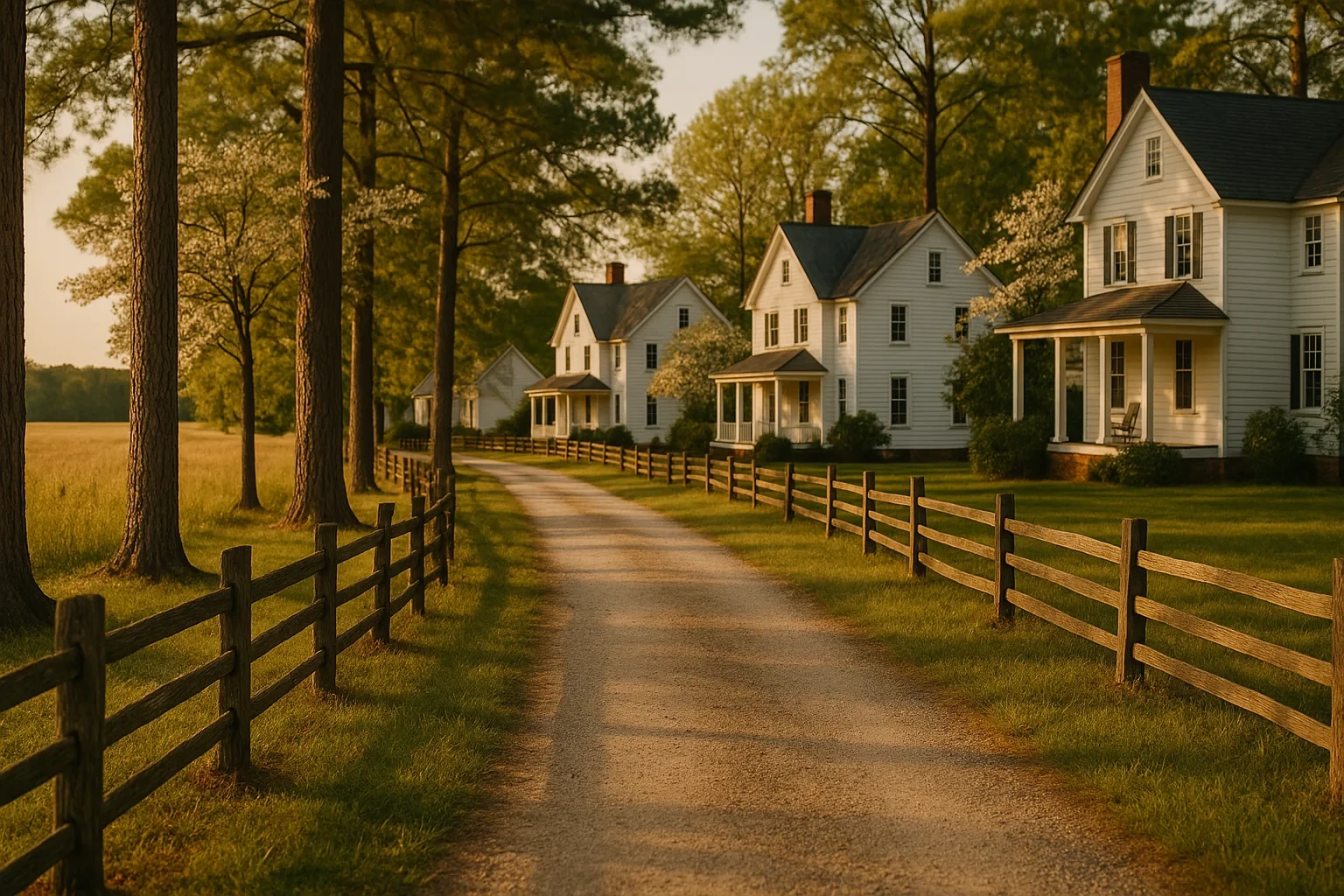 Charming white farmhouses line a tree-shaded gravel road with wooden fences in Independent Hill
