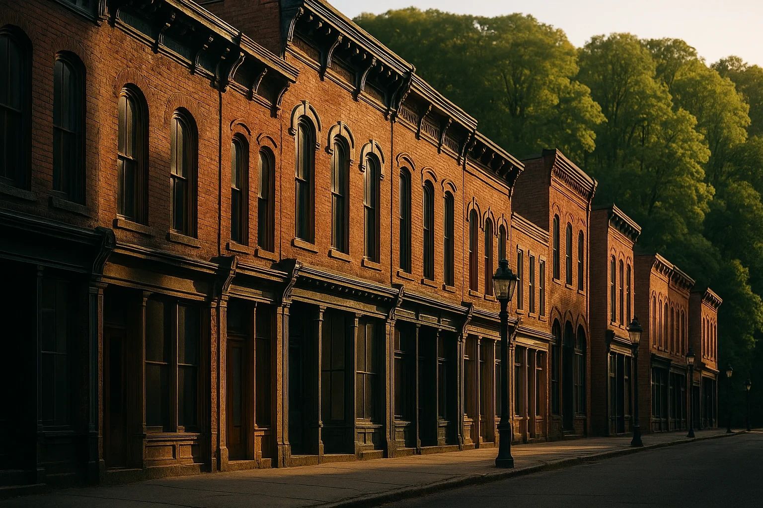 Historic brick storefronts line a quiet downtown street at golden hour in Winsted, framed by lush green trees.