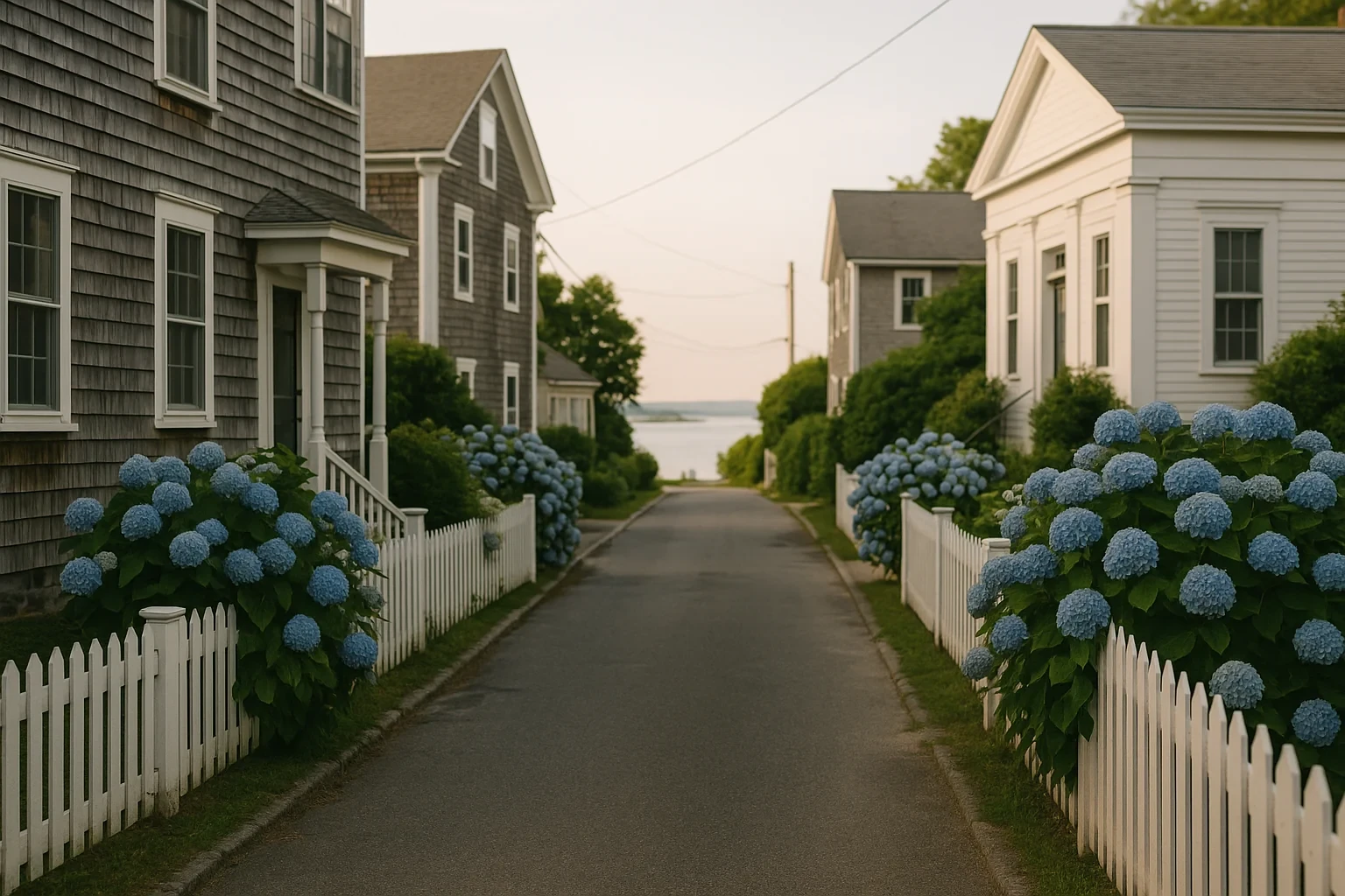 Coastal Groton street with shingled homes, white picket fences, blue hydrangeas, and ocean view ahead.