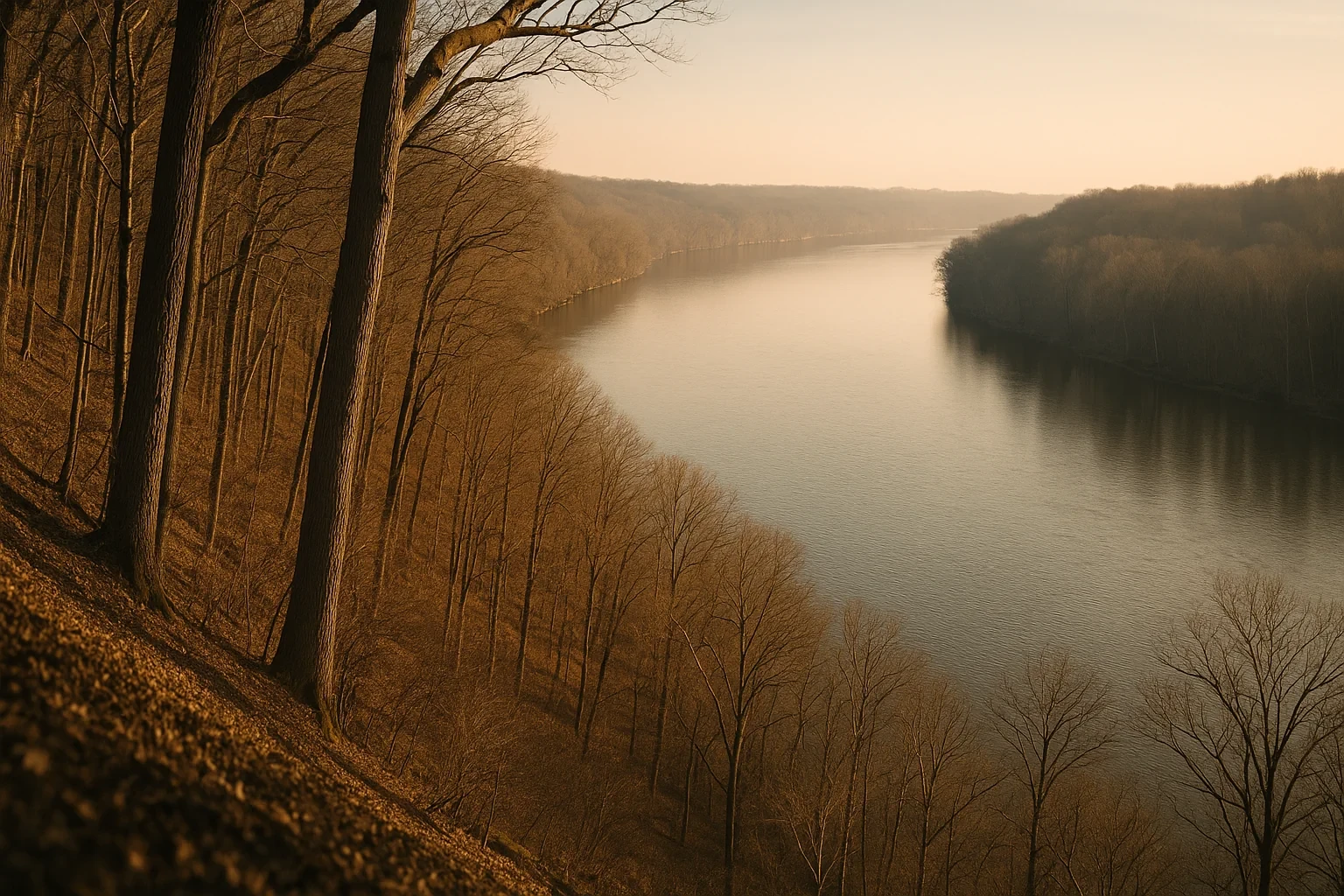 Tree-lined river winding through forested hills at golden hour near Groveton, viewed from a wooded bluff