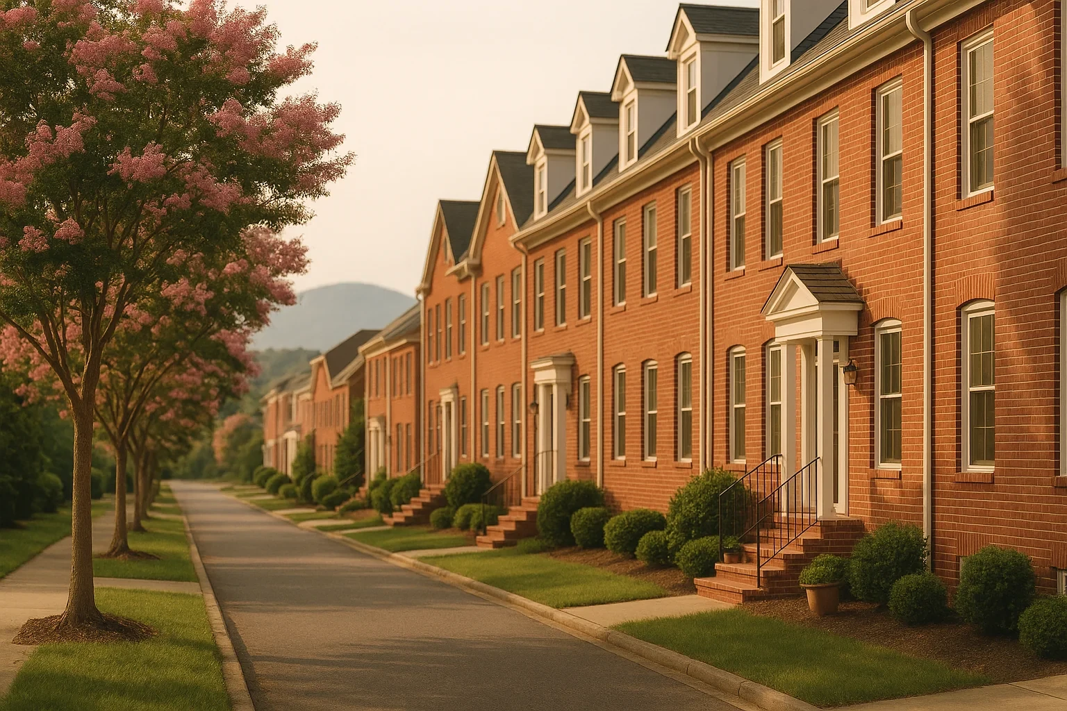 Row of brick townhomes lining a quiet street with blooming pink trees and mountain views in Manassas Park