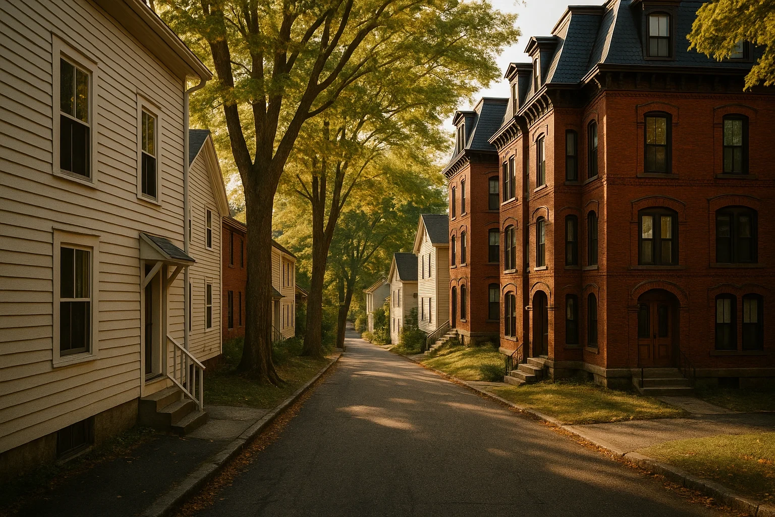 Tree-lined residential street in Vernon with historic brick rowhouses and white clapboard homes at sunset